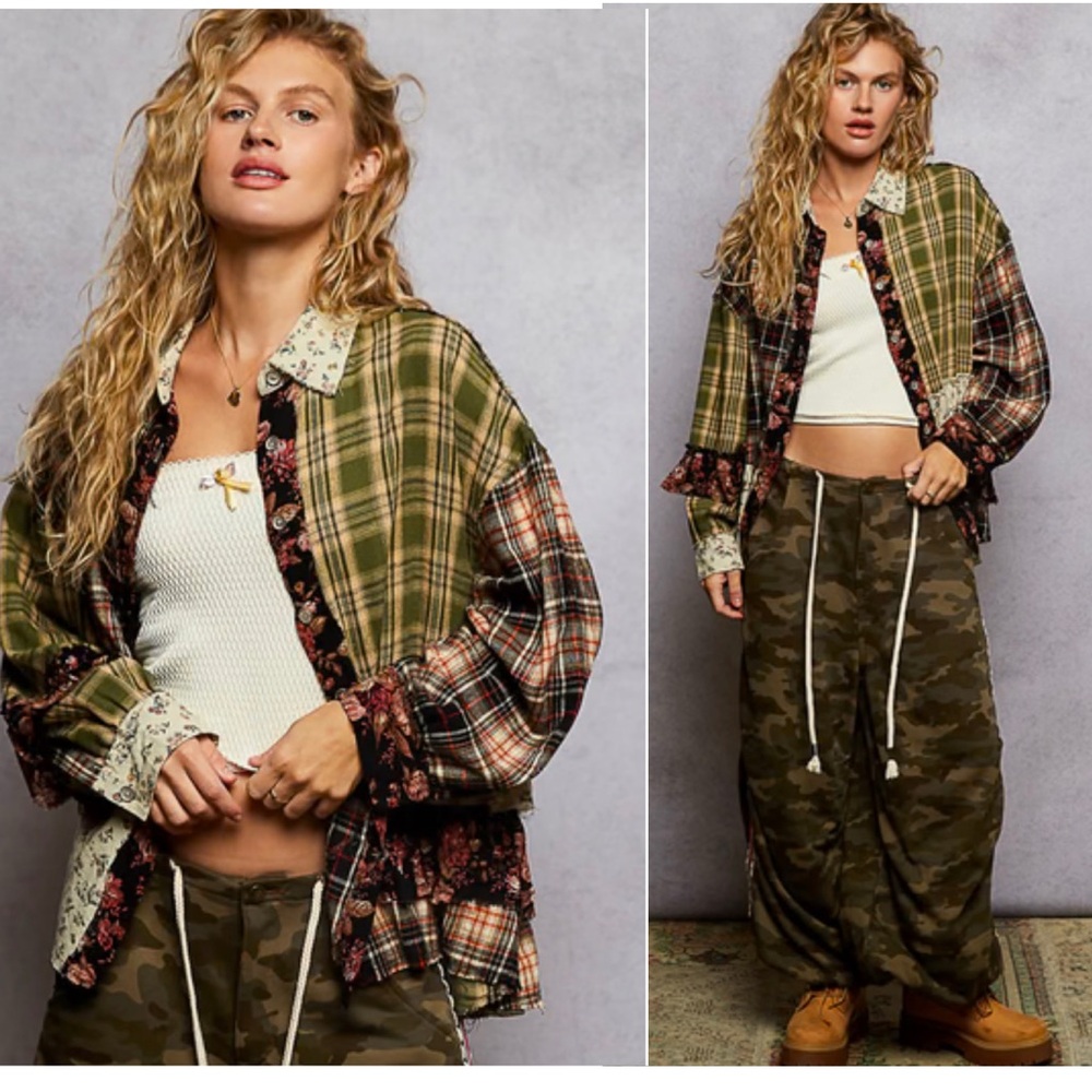 POL Multicolor Plaid Patchwork Button Down Ruffle… - image 8